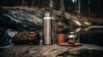 Camping stuff, cup and bottle in forest - obrazy, fototapety, plakaty