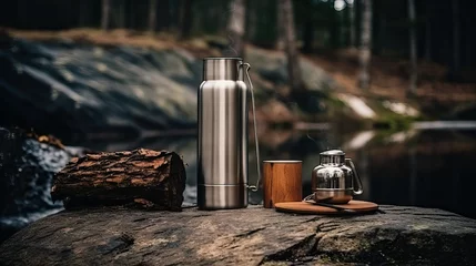 Fotobehang Camping stuff, cup and bottle in forest © thesweetsheep