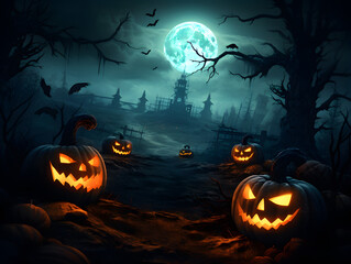 Halloween pumpkins at mysterious night with full moon.