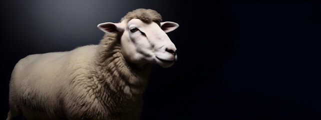 Head shot of white sheep isolated on black background.