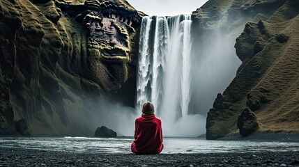Hiking Woman overlooking waterfall, powerful of nature scene - obrazy, fototapety, plakaty