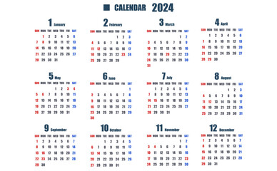 2024年の日曜始まりのシンプルな年カレンダー