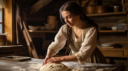 Woman cook in the old wooden kitchen - obrazy, fototapety, plakaty