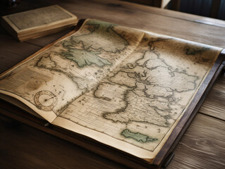 Aged map spread open on a wooden table