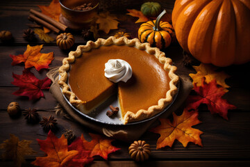 Pumpkin pie surrounded by fall leaves