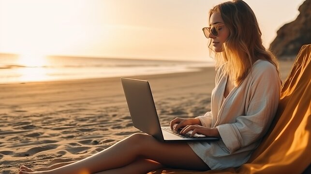 Woman Use Laptop Computer On Beach Freelance