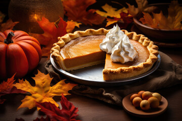 Obraz na płótnie Canvas Pumpkin pie surrounded by fall leaves