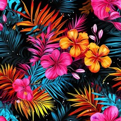 Fototapeta na wymiar Seamless pattern of palm leaves and tropical flowers. Generated by AI