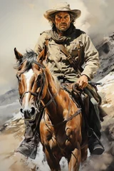 Fototapeten A painting of a man riding a horse. Digital image. © tilialucida