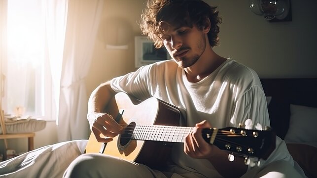 Guitarist hipster play guitar at home in bedroom, music hobby