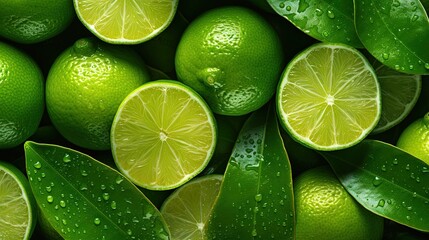  a pile of limes with leaves and drops of water.  generative ai