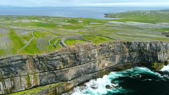 Aerial view of Dun Aonghasa or Dun Aengus legendary prehistoric stone fort, Inishmore, Ireland