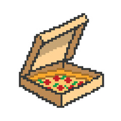 vector illustration 8bit pixel art of pizza in a brown opened box ready to eat