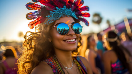 Vibrant coachella music festival of sound and spirit. Sensory carnival unfolds with performances of various genres, from indie rock to electronic beats. Person portrait at Coachella festival. - obrazy, fototapety, plakaty