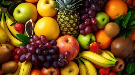 Naklejka na ściany i meble a pile of fruit including bananas, apples, oranges, and grapes. generative ai