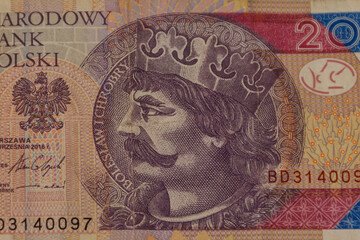 Macro shot of twenty polish zloty banknote