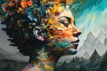sztuka komputerowa wymieszana z grafiką komputerową, wymieszane kolory rysujące twarz. piękno abstrakcji.