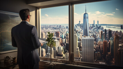 business man lookout windows to see data and city view