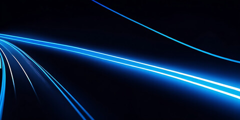 Abstract stylish light trail on black background. Blue glowing neon lines effect illustration