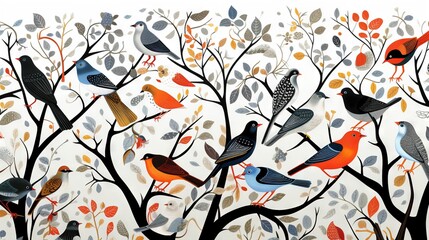  a group of birds sitting on top of a tree filled with leaves.  generative ai