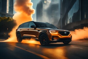 Fototapeta na wymiar SUV emitting orange smoke, placed in a clean and futuristic city