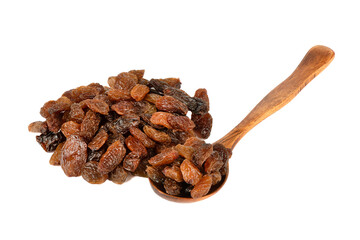 Dried sweet pitted raisins on a spoon and on a white background.