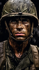 Fototapeta premium a soldier with mud on his face and helmet