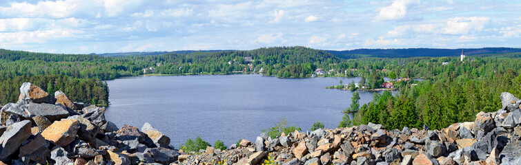  panoramic view across landscape with the lake Virserumsjoen in Smaland, Sweden