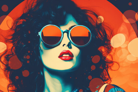 1980s pop art illustration of a brunette female wearing reflective sunglasses on a fictional album cover,