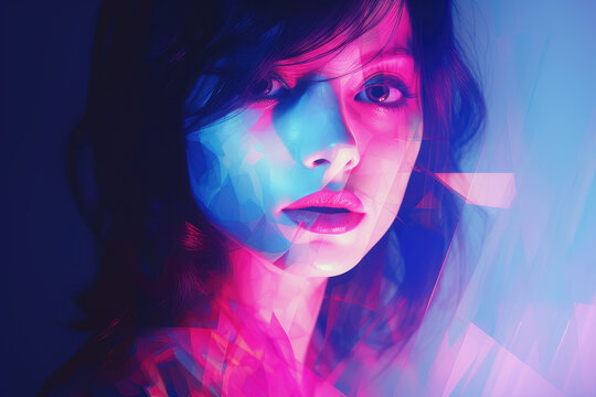 1980s pop art illustration of a brunette femalein retro pink and blue colors on a fictional album cover,