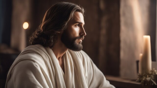 Jesus Christ sits in a room and looks toward a window, side light