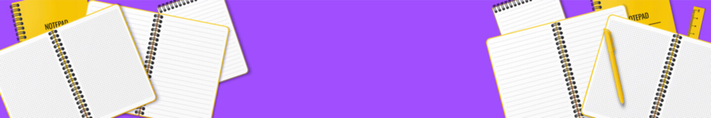 Closed yellow notebooks and yellow ball-point pens on a lilac or purple background with copy space for your image or text. Minimalist vector illustration as back to school background. Top view, flat