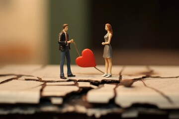 A couple of figurines standing next to a red heart. Digital image. Broken heart.