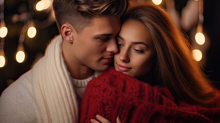 describing a young couple snuggling in winter clothes enjoying the holiday spirit, with space for copy in a Holiday-themed image as a JPG horizontal format. generative ai