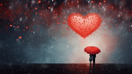 Romantic couple under a red umbrella , wishes for love that's refreshing, layout for wedding marriage wishes and celebration background with copy space for text