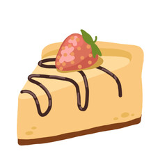 Delicious piece of vanilla cheesecake with chocolate glaze and strawberry on top, sticker with transparent background