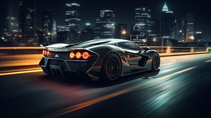 A fast sports car speeding through the city at night