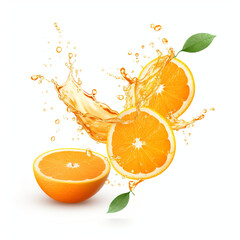 An orange with a splash of water on it. Juice splash on white background