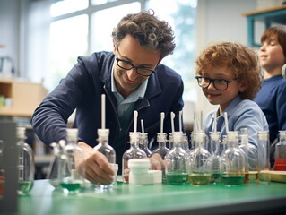 Large group of diverse children wearing lab coats in chemistry class while enjoying science experiments