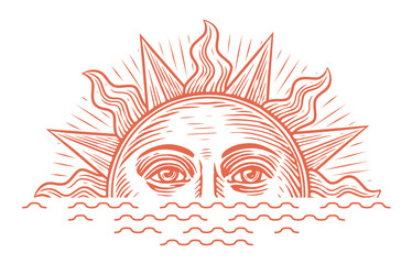 Sunrise illustration engraving style. Vintage sketch vector with rising sun and sea waves