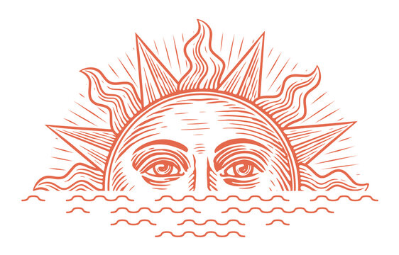 Sunrise illustration engraving style. Vintage sketch vector with rising sun and sea waves