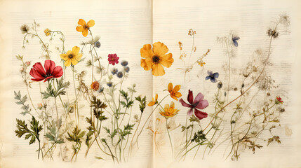 Aged book page texture with botanical flowers