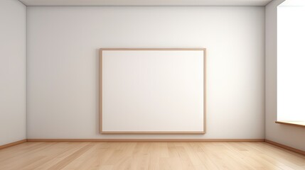Minimal wooden frame on parquet floor, white background, 3D render.