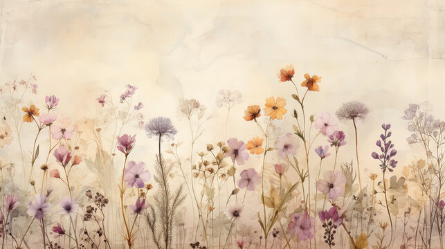 Botanical watercolor illustration with delicately pressed flowers