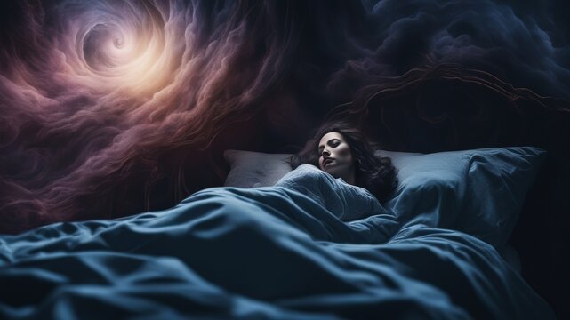A woman sleeping in bed, dream projected on the wall, clouds and a dreamy night sky