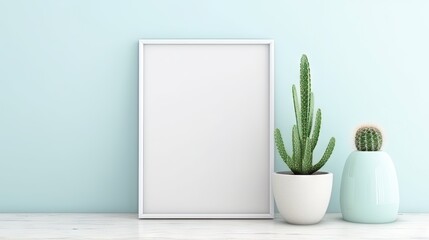 Minimalistic home decor concept with cactus, poster frame, and elegant accessories in pastel blue color. Light background with copy space. for web page, presentation.