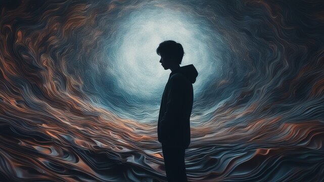 Portrait silhouette of a man against an abstract background of concentric circles and waves of paint