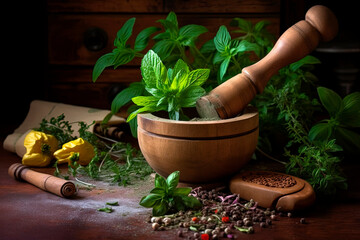 A mortar filled with different types of herbs and spices. Generative AI