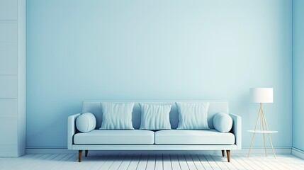 Fototapeta na wymiar Plain monochrome pastel blue furnished room with light background. Copy space for web pages, presentations, or picture frames. .