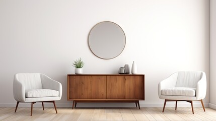 minimalist living room with armchair, sideboard, mirror, crockery, books, stool, white wall, hardwood floor for meeting.